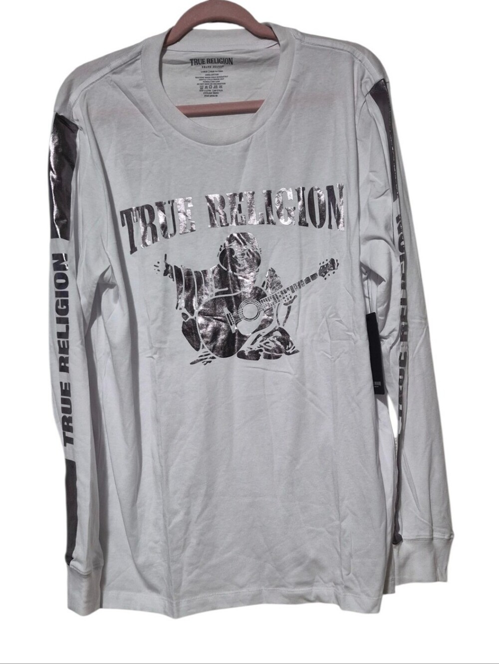 True Religion Stripe Foil Buddha Long Sleeve Tee White Men's Large